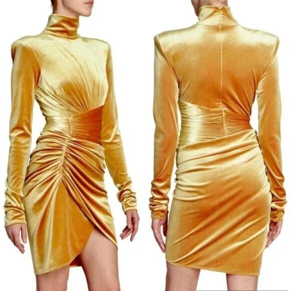 Alexandre Vauthier Gold Velvet Ruched Turtleneck Dress with Tulip Hem - Picture 4 of 12